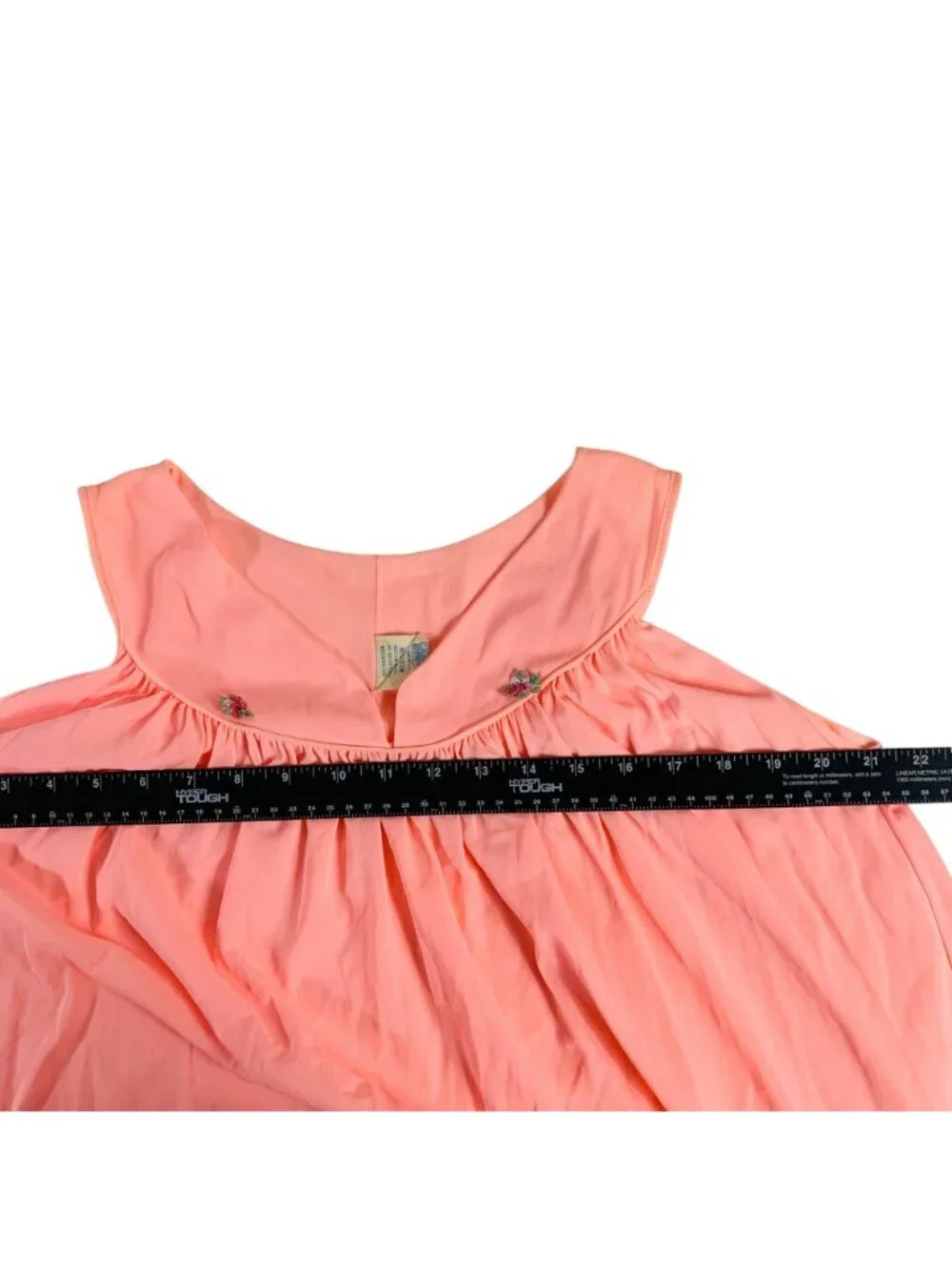 Peach Semi Sheer Maxi Nightgown VTG Size M 60s Floral Embroidered Sleeveless
